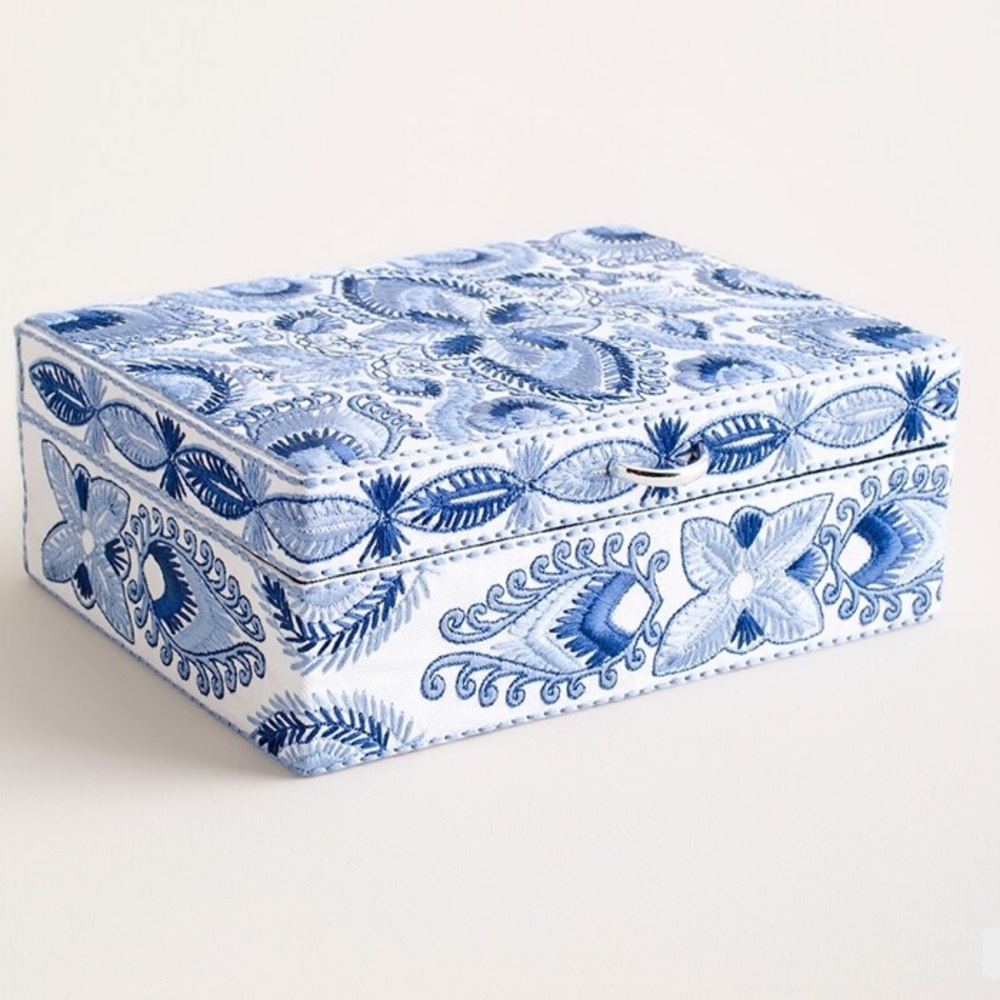 Chico's Blue and White Embroidered Jewelry Box